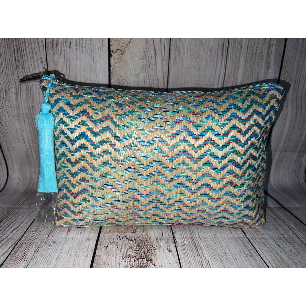 Lancome Paris Makeup Blue Beige Woven Straw Large Straw Cosmetic Bag Zipper